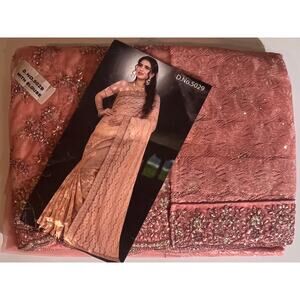 Peach Pink Net Saree Heavy Embroidery Sequin Border Party Wedding Ethnic Wear